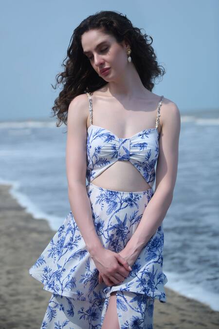 Shop_Verano By Tanya_White Cotton, Linen Sweetheart Neck Silvia Floral Print Cutout Dress _Online_at_Aza_Fashions