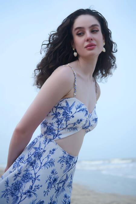 Verano By Tanya_White Cotton, Linen Sweetheart Neck Silvia Floral Print Cutout Dress _at_Aza_Fashions