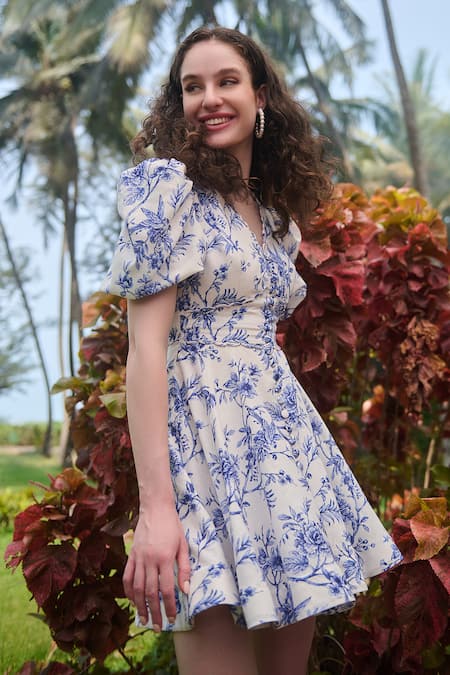 Buy_Verano By Tanya_White Cotton Linen Printed Floral V-neck Silvia Skater Dress _Online_at_Aza_Fashions