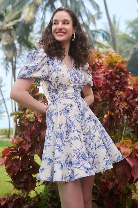 Shop_Verano By Tanya_White Cotton Linen Printed Floral V-neck Silvia Skater Dress _Online_at_Aza_Fashions