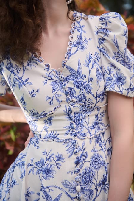Verano By Tanya_White Cotton Linen Printed Floral V-neck Silvia Skater Dress _at_Aza_Fashions