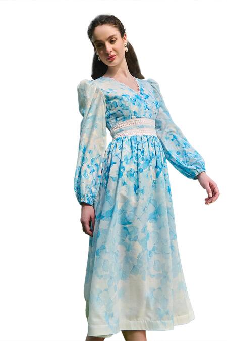 Verano By Tanya White Cotton Linen Printed Hydrangea V-neck Viviana Floral Dress Online at Aza Fashions Verano By Tanya_White Cotton Linen Printed Hydrangea V-neck Viviana Floral Dress _Online_at_Aza_Fashions