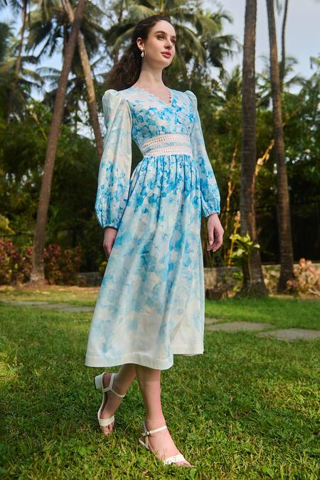 Buy Verano By Tanya White Cotton Linen Printed Hydrangea V-neck Viviana Floral Dress Online at Aza Fashions Buy_Verano By Tanya_White Cotton Linen Printed Hydrangea V-neck Viviana Floral Dress _Online_at_Aza_Fashions