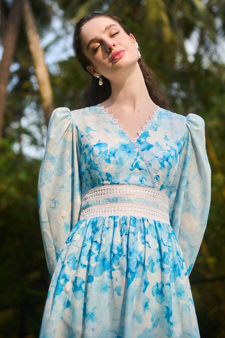 Shop Verano By Tanya White Cotton Linen Printed Hydrangea V-neck Viviana Floral Dress Online at Aza Fashions Shop_Verano By Tanya_White Cotton Linen Printed Hydrangea V-neck Viviana Floral Dress _Online_at_Aza_Fashions