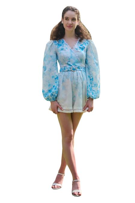 Verano By Tanya White Cotton Linen Printed Hydrangea V-neck Viviana Floral Jumpsuit Online at Aza Fashions Verano By Tanya_White Cotton Linen Printed Hydrangea V-neck Viviana Floral Jumpsuit _Online_at_Aza_Fashions