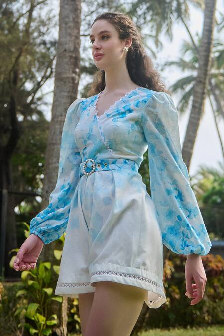 Buy Verano By Tanya White Cotton Linen Printed Hydrangea V-neck Viviana Floral Jumpsuit Online at Aza Fashions Buy_Verano By Tanya_White Cotton Linen Printed Hydrangea V-neck Viviana Floral Jumpsuit _Online_at_Aza_Fashions