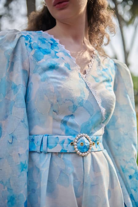 Verano By Tanya White Cotton Linen Printed Hydrangea V-neck Viviana Floral Jumpsuit at Aza Fashions Verano By Tanya_White Cotton Linen Printed Hydrangea V-neck Viviana Floral Jumpsuit _at_Aza_Fashions