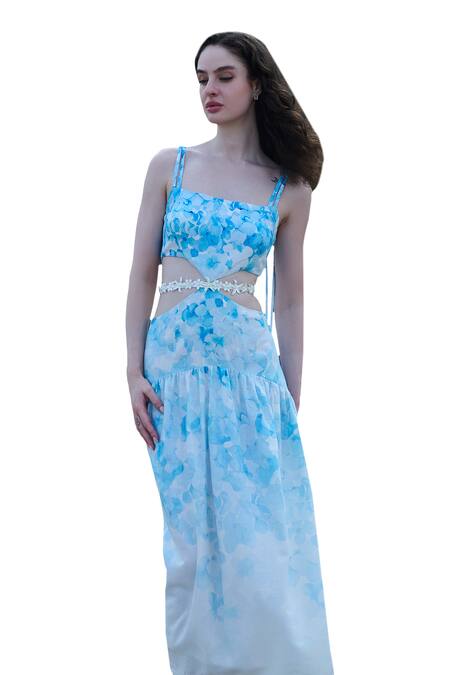 Verano By Tanya_White Cotton Pearls, Embroidery Square Neck Viviana Floral Print Dress _Online_at_Aza_Fashions