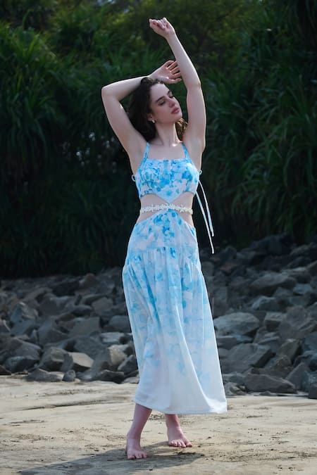 Shop_Verano By Tanya_White Cotton Pearls, Embroidery Square Neck Viviana Floral Print Dress _Online_at_Aza_Fashions