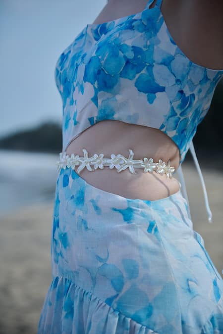 Verano By Tanya_White Cotton Pearls, Embroidery Square Neck Viviana Floral Print Dress _at_Aza_Fashions