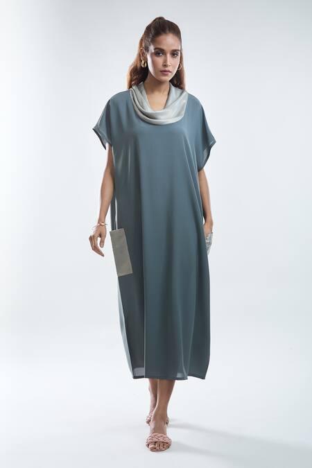 Mayank Anand Shraddha Nigam Grey Georgette Plain Cowl Neck Dress at Aza Fashions Mayank Anand Shraddha Nigam_Grey Georgette Plain Cowl Neck Dress _at_Aza_Fashions