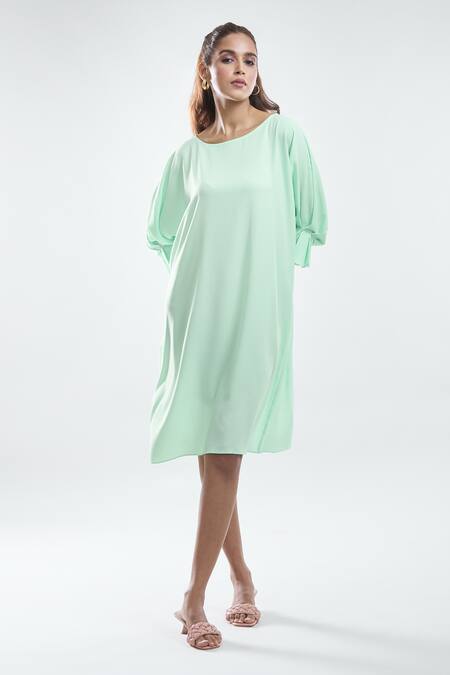 Mayank Anand Shraddha Nigam_Green Georgette Plain Round Neck Summer Dress _Online_at_Aza_Fashions