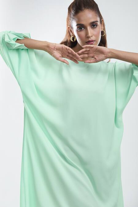 Buy_Mayank Anand Shraddha Nigam_Green Georgette Plain Round Neck Summer Dress _Online_at_Aza_Fashions