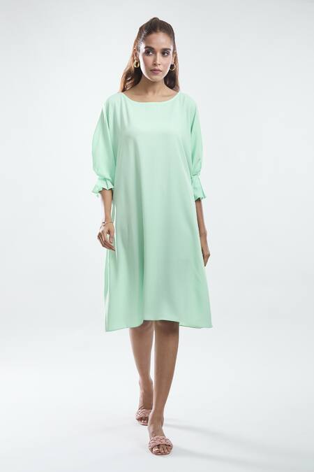 Mayank Anand Shraddha Nigam_Green Georgette Plain Round Neck Summer Dress _at_Aza_Fashions