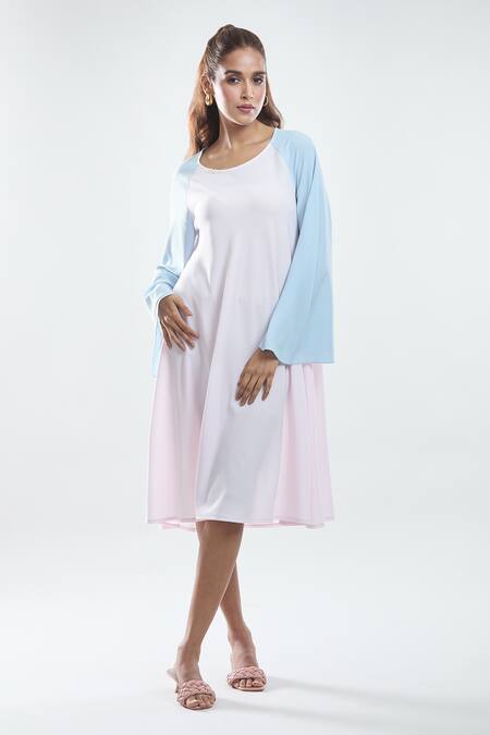 Mayank Anand Shraddha Nigam_Pink Georgette Plain Round Neck Color Block Midi Dress _Online_at_Aza_Fashions