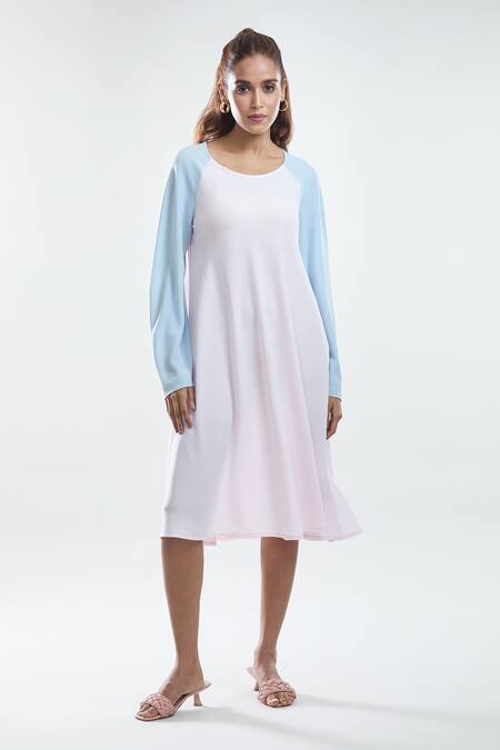 Buy_Mayank Anand Shraddha Nigam_Pink Georgette Plain Round Neck Color Block Midi Dress _Online_at_Aza_Fashions