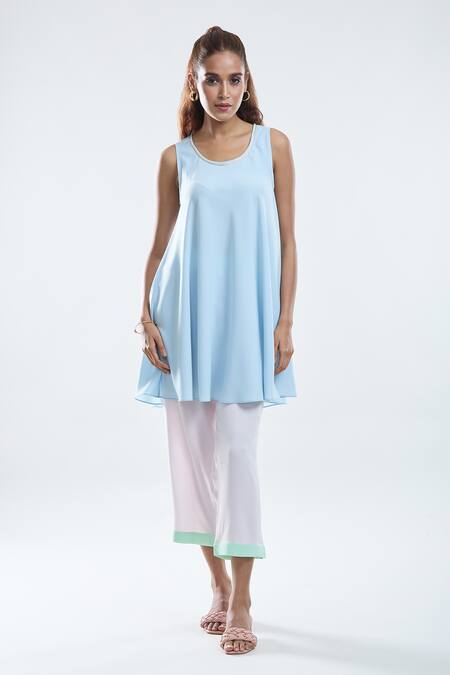 Buy_Mayank Anand Shraddha Nigam_Blue Georgette Plain Dress Round Pleated Short With Jacket 
