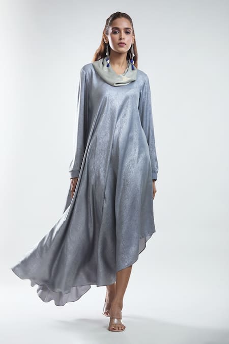 Mayank Anand Shraddha Nigam Grey Shimmer Georgette Plain Cowl Neck Masn Asymmetric Dress 