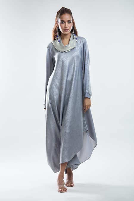 Mayank Anand Shraddha Nigam_Grey Shimmer Georgette Plain Cowl Neck Masn Asymmetric Dress _at_Aza_Fashions