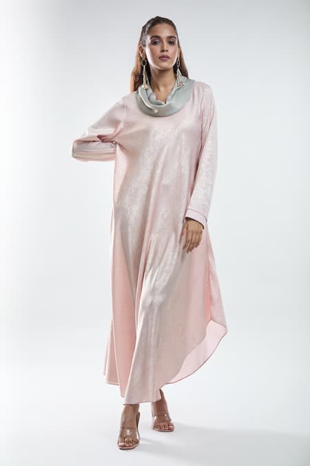 Mayank Anand Shraddha Nigam_Peach Shimmer Georgette Plain Cowl Neck Masn Dress _at_Aza_Fashions