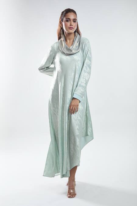 Mayank Anand Shraddha Nigam_Green Shimmer Georgette Plain Cowl Neck Asymmetric Dress _Online_at_Aza_Fashions