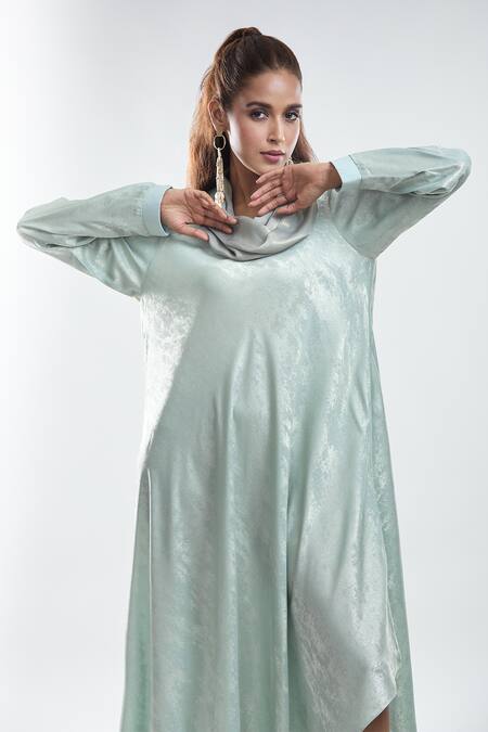 Buy_Mayank Anand Shraddha Nigam_Green Shimmer Georgette Plain Cowl Neck Asymmetric Dress _Online_at_Aza_Fashions