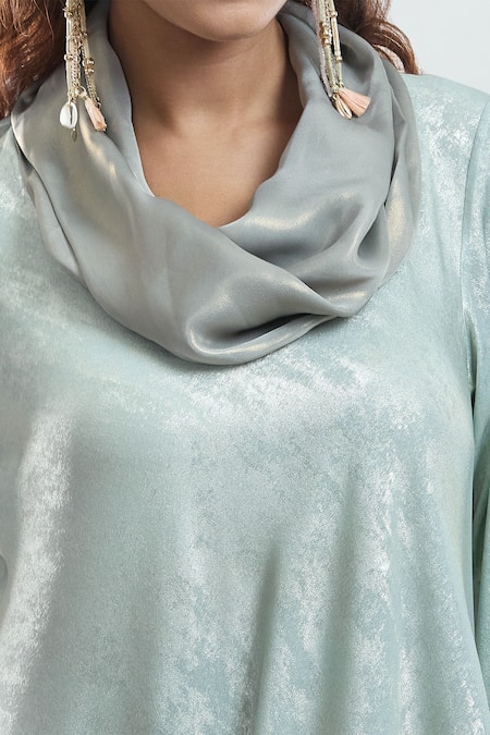 Shop_Mayank Anand Shraddha Nigam_Green Shimmer Georgette Plain Cowl Neck Asymmetric Dress _Online_at_Aza_Fashions