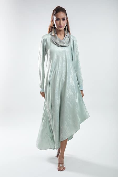 Mayank Anand Shraddha Nigam_Green Shimmer Georgette Plain Cowl Neck Asymmetric Dress _at_Aza_Fashions