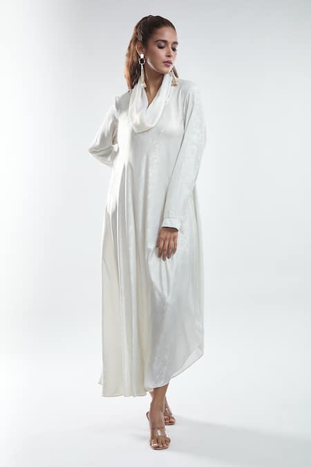 Mayank Anand Shraddha Nigam_White Shimmer Georgette Plain Cowl Neck Lopsided Dress _Online_at_Aza_Fashions