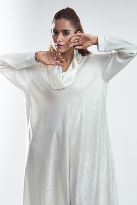 Buy_Mayank Anand Shraddha Nigam_White Shimmer Georgette Plain Cowl Neck Lopsided Dress _Online_at_Aza_Fashions