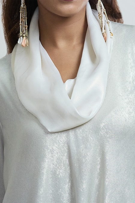 Shop_Mayank Anand Shraddha Nigam_White Shimmer Georgette Plain Cowl Neck Lopsided Dress _Online_at_Aza_Fashions