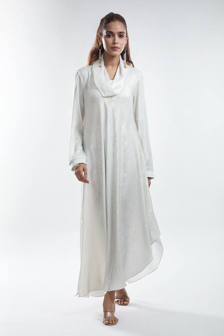 Mayank Anand Shraddha Nigam_White Shimmer Georgette Plain Cowl Neck Lopsided Dress _at_Aza_Fashions