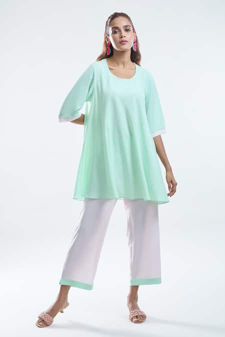 Mayank Anand Shraddha Nigam_Green Georgette Plain Round Neck Bias Long Top With Pant _Online_at_Aza_Fashions