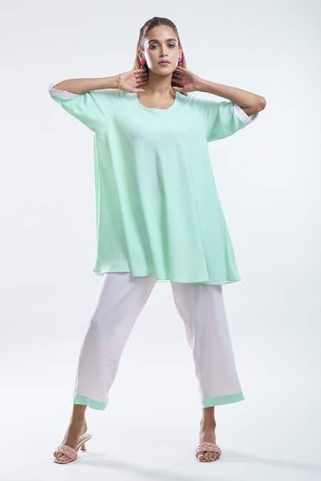 Buy_Mayank Anand Shraddha Nigam_Green Georgette Plain Round Neck Bias Long Top With Pant _Online_at_Aza_Fashions