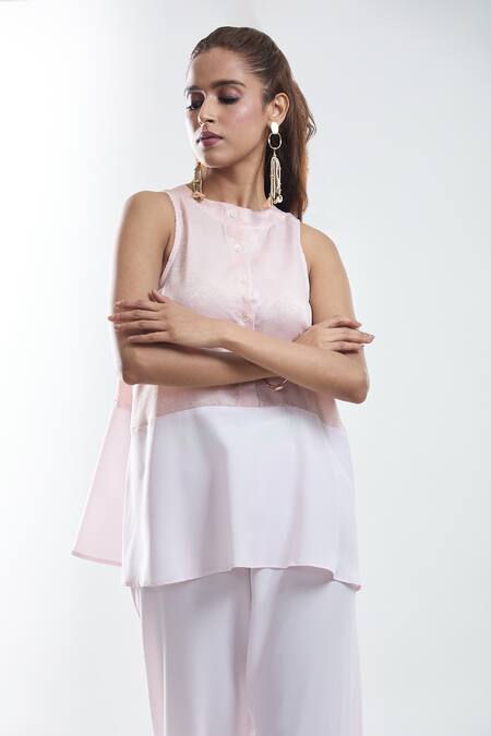 Buy_Mayank Anand Shraddha Nigam_Pink Georgette Plain Round Neck Bias Two Tone Top _Online_at_Aza_Fashions