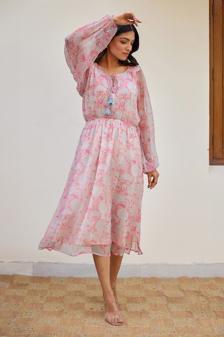 Kapraaaha Pink Chiffon Print Floral Round Dress