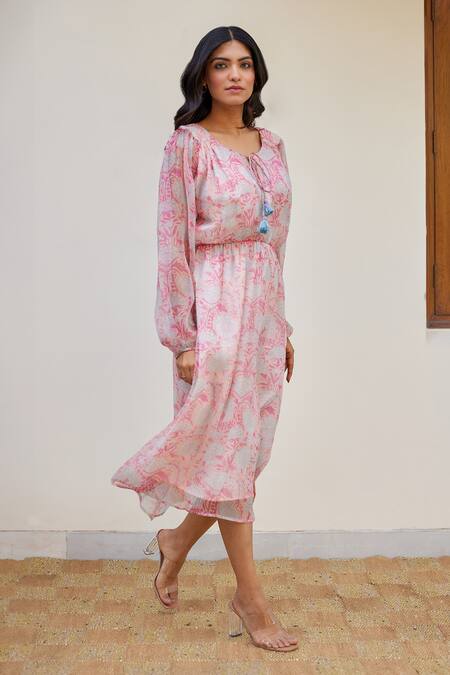 Buy_Kapraaaha_Pink Chiffon Print Floral Round Dress_Online_at_Aza_Fashions