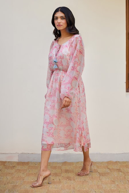 Shop_Kapraaaha_Pink Chiffon Print Floral Round Dress_Online_at_Aza_Fashions
