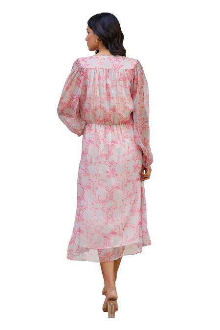 Kapraaaha_Pink Chiffon Print Floral Round Dress_at_Aza_Fashions