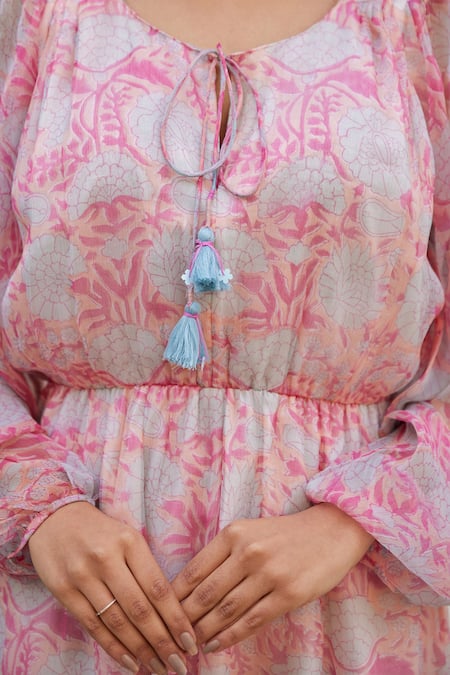 Buy_Kapraaaha_Pink Chiffon Print Floral Round Dress