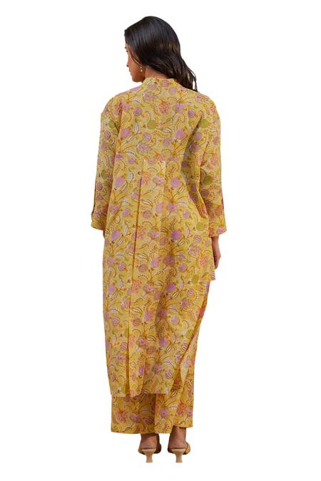 Kapraaaha Yellow Muslin Embroidery V-neck Floral Print High-low Tunic With Palazzo Online at Aza Fashions Kapraaaha_Yellow Muslin Embroidery V-neck Floral Print High-low Tunic With Palazzo_Online_at_Aza_Fashions