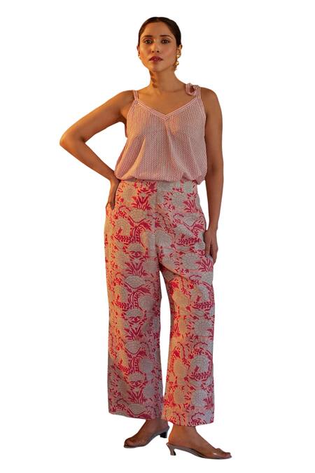 Buy Kapraaaha Pink Muslin Print Floral V-neck Chevron Strappy Top With Pant Online at Aza Fashions Buy_Kapraaaha_Pink Muslin Print Floral V-neck Chevron Strappy Top With Pant_Online_at_Aza_Fashions