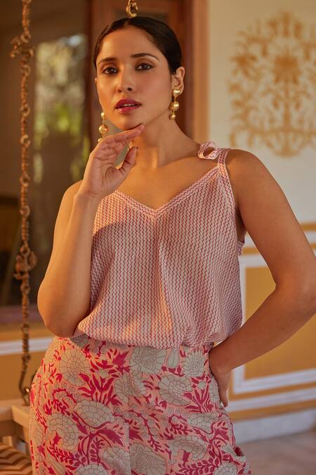 Shop Kapraaaha Pink Muslin Print Floral V-neck Chevron Strappy Top With Pant Online at Aza Fashions Shop_Kapraaaha_Pink Muslin Print Floral V-neck Chevron Strappy Top With Pant_Online_at_Aza_Fashions