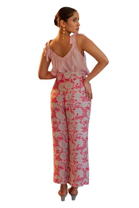 Buy Kapraaaha Pink Muslin Print Floral V-neck Chevron Strappy Top With Pant Buy_Kapraaaha_Pink Muslin Print Floral V-neck Chevron Strappy Top With Pant