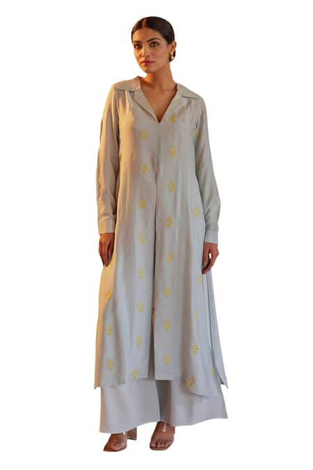 Kapraaaha_Blue Muslin Embroidery Collared Threadwork Tunic With Palazzo_Online_at_Aza_Fashions