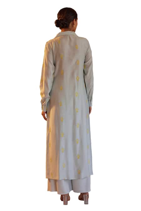 Shop_Kapraaaha_Blue Muslin Embroidery Collared Threadwork Tunic With Palazzo_Online_at_Aza_Fashions