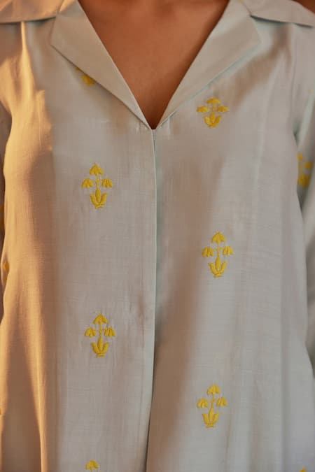 Kapraaaha_Blue Muslin Embroidery Collared Threadwork Tunic With Palazzo_at_Aza_Fashions