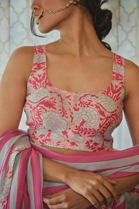 Buy Kapraaaha Pink Chiffon Embroidery Round Neck Stripe Print Saree With Blouse Online at Aza Fashions Buy_Kapraaaha_Pink Chiffon Embroidery Round Neck Stripe Print Saree With Blouse_Online_at_Aza_Fashions