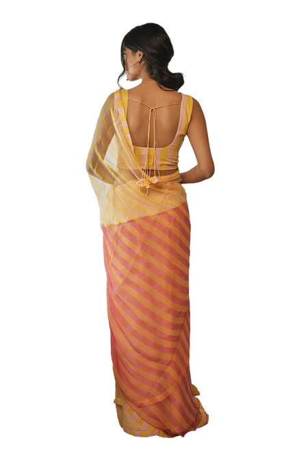 Buy Kapraaaha Yellow Chiffon Embroidery Round Neck Contrast Pallu Printed Saree With Blouse Buy_Kapraaaha_Yellow Chiffon Embroidery Round Neck Contrast Pallu Printed Saree With Blouse