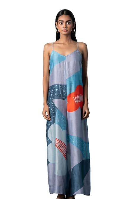 Clos Blue Silk Sequins, Embroidery V-neck Geometric Floral Print Jumpsuit at Aza Fashions Clos_Blue Silk Sequins, Embroidery V-neck Geometric Floral Print Jumpsuit _at_Aza_Fashions